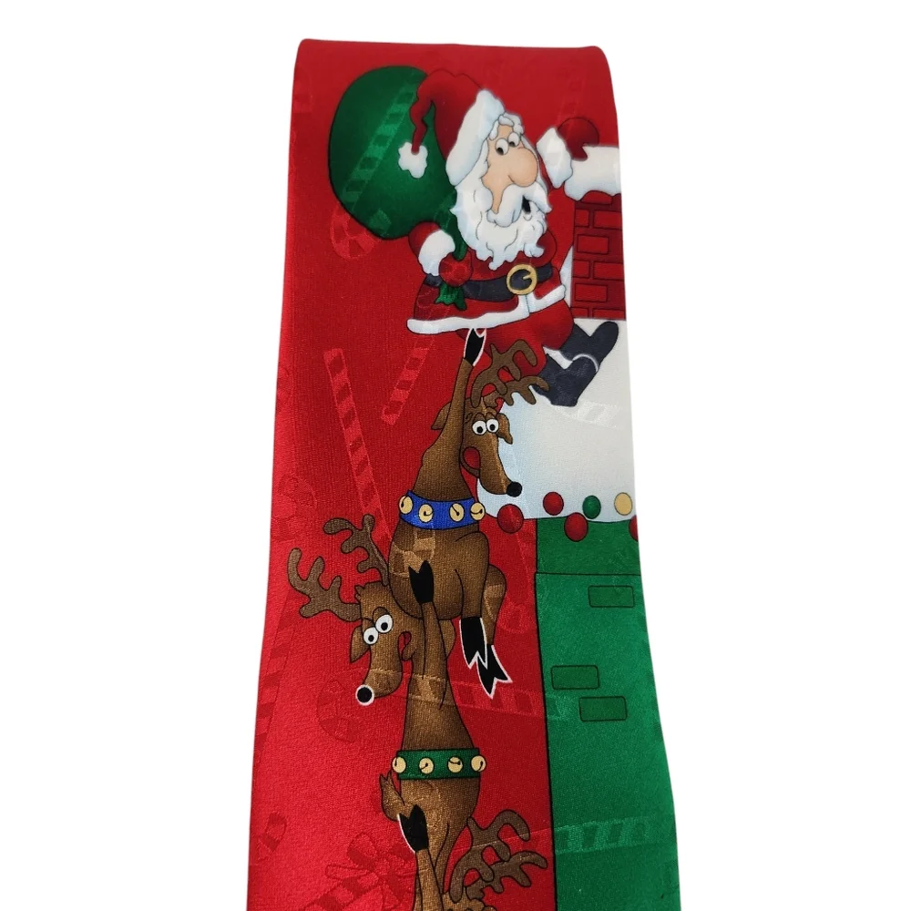 Hallmark Yule Tie Greetings Santa Claus Reindeer Tie Men's 100% Silk Christmas
